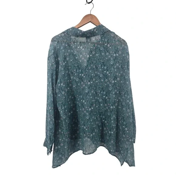 Cabi Blouse Womens Medium Teal Blue Floral 3761 V-Neck Sharkbite Hem Sheer Top - Picture 3 of 4
